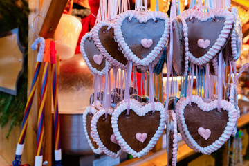 Heart shape Gingerbread cookies in Christmas market of Germany