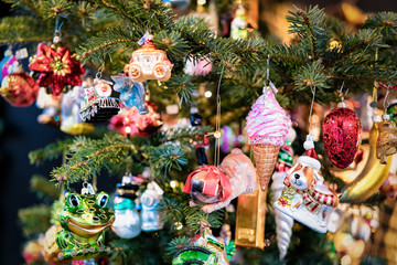 Glass Christmas tree decorations of Christmas market in Germany - obrazy, fototapety, plakaty
