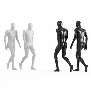 Two white and two black mannequins go towards each other. 3d on a white background