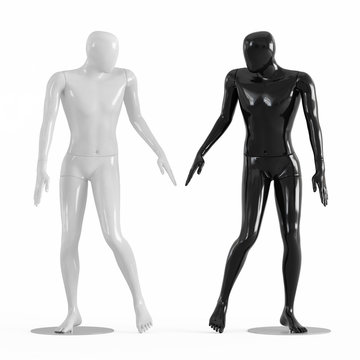Male faceless mannequins black and white look at each other 3d