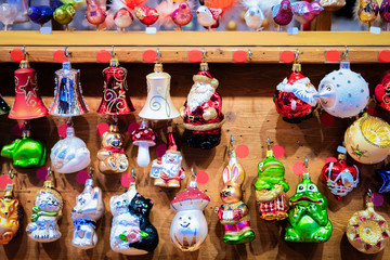 Glass Christmas tree decorations in Christmas market at Alexanderplatz