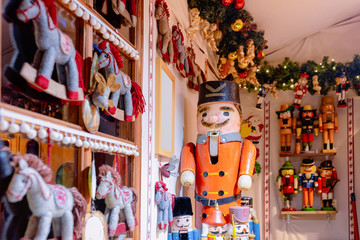 Wooden Christmas toys and decorations at Christmas market at Alexanderplatz