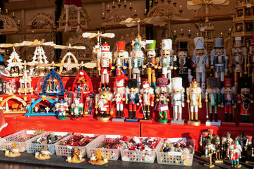 Wooden Christmas toys and decorations in Christmas market at Alexanderplatz