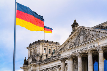 Reichstag building architecture and German Flags at Berlin - 285838007