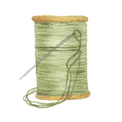 Spool of green thread and a needle. Watercolor illustration