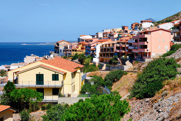 Cityscape with Buggerru city at Mediterranean Sea in South Sardinia
