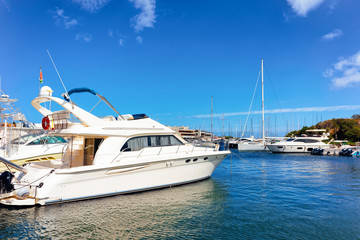 Fototapeta premium Marina with luxury yacht at Mediterranean Sea in Porto Cervo