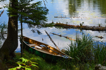 Canoe sits peacefully on the shore of an Adirondack pond among the aquatic foliage