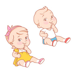 Baby girl and boy sitting on white background. 