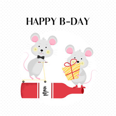 Happy birthday card, poster with mouse in flat style