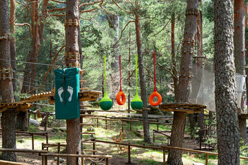 Modern rope park with various obstacles on walkways