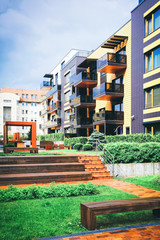 Naklejka premium Modern residential building quarter with benches
