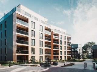 Fountain at complex of apartment residential buildings quarter