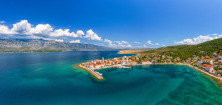 Panoramic view of old coastal town in Croatia, aerial view of Vinjerac