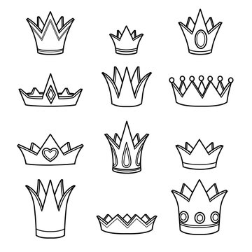 Tiaras various shapes big set outlined picture for coloring book on white background