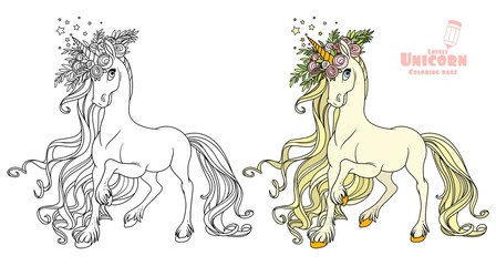 Fairytale unicorn in a magnificent wreath of roses color and outlined picture for coloring book on white background © Azuzl