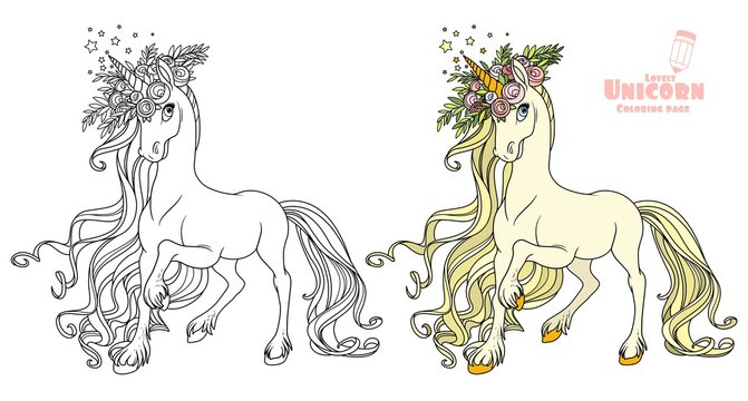 Fairytale unicorn in a magnificent wreath of roses color and outlined picture for coloring book on white background