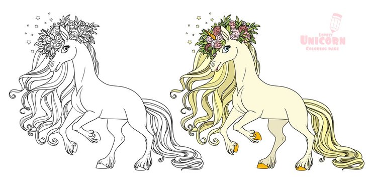 Magical unicorn in a magnificent wreath of roses standing on hind legs color and outlined picture for coloring book on white background