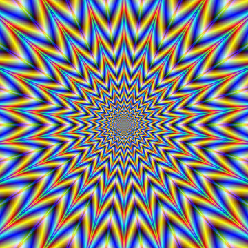 Manic Star in Blue Yellow and Red / An abstract fractal image with an optically challenging star design in blue,yellow, green and red.