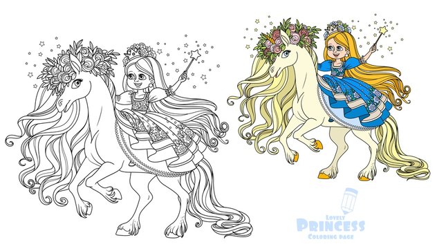 Princess with a magic wand sitting on a magic unicorn color and outlined picture for coloring book on white background