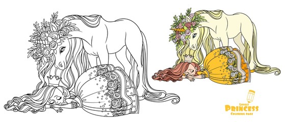 Little princess sleeping and a magical unicorn in large wreath of roses is looking at her color and outlined picture for coloring book on white background © Azuzl