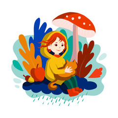 Autumn comes - smiling little girl with red hair, season character. The child in raincoat sits on a rainy cloud under fly agaric mushroom, with cat in arms, with harvest, leaves. Vector illustration