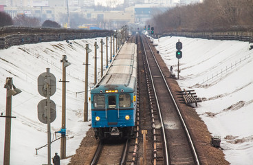 Old Soviet metro train follows the route