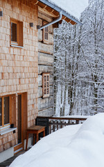 House architecture and snow winter landscape in Bad Goisern Austria