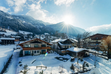 House architecture at Mayrhofen in Zillertal valley Tirol Austria sunny