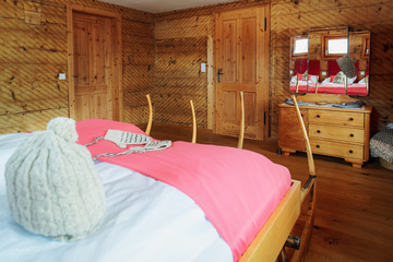 Fototapeta na wymiar Interior with bedroom Modern wood design of pink bed