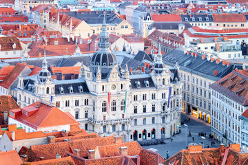 Cityscape with Rathaus on Town Hall square in Graz