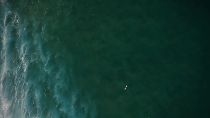 Top view of a surfers on surfboards in the ocean. Ericeira Portugal. Drone view. 