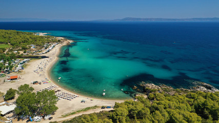 Fototapeta na wymiar Aerial drone photo of iconic exotic sandy beach known Platanitsi with turquoise clear sea, Sithonia Peninsula, Halkidiki, North Greece