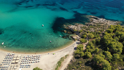 Aerial drone photo of iconic exotic sandy beach known Platanitsi with turquoise clear sea, Sithonia Peninsula, Halkidiki, North Greece