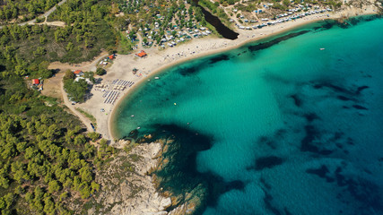 Aerial drone photo of iconic exotic sandy beach known Platanitsi with turquoise clear sea, Sithonia...