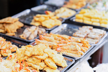 Exotic grilled asian tempura prawns food in Hanoi