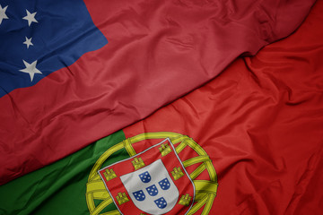 waving colorful flag of portugal and national flag of Samoa ,.