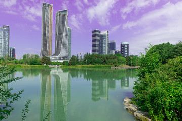 Fototapeta premium Landmark view at modern buildings near the Humber Bay Park in Etobicoke, Ontario, Canada