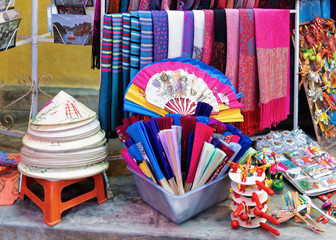 Colorful palatine scarfs waver fans traditional Vietnamese hats Hoi An