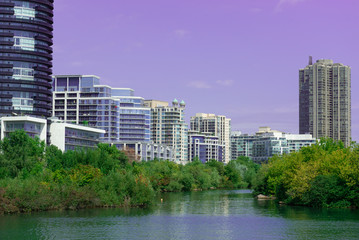 Landmark view at modern buildings near the Humber Bay Park in Etobicoke, Ontario, Canada