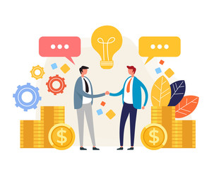 Two business people office workers characters shaking hands. Business deal concept. Vector flat graphic design illustration