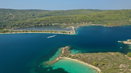 Fototapeta na wymiar Aerial drone view of iconic Livari beach in natural exotic bay of Vourvourou, Sithonia peninsula, Halkidiki, Greece