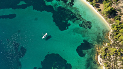 Aerial drone photo of secluded turquoise sandy beaches of South Sithonia peninsula, Halkidiki, North Greece