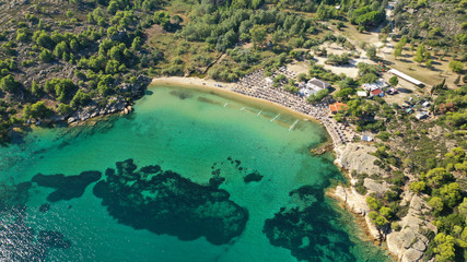 Aerial drone photo of secluded turquoise sandy beaches of South Sithonia peninsula, Halkidiki, North Greece