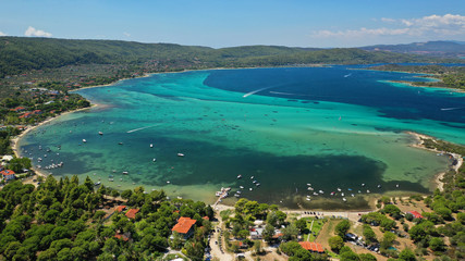 Aerial drone photo of tropical Caribbean bay with white sand beach and beautiful turquoise and...