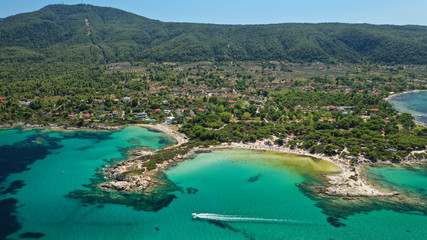 Aerial drone photo of iconic turquoise paradise sandy twin beaches of Karidi in Sithonia Peninsula, Vourvourou bay, Halkidiki, North Greece - obrazy, fototapety, plakaty