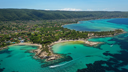 Aerial drone photo of iconic turquoise paradise sandy twin beaches of Karidi in Sithonia Peninsula,...