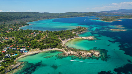 Aerial drone photo of iconic turquoise paradise sandy twin beaches of Karidi in Sithonia Peninsula,...