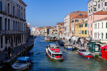 Venezia (Venice), Italy. 2 February 2018. Gondolas and boats on the rivers of Venice.