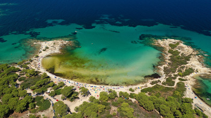 Fototapeta na wymiar Aerial drone photo of iconic turquoise paradise sandy twin beaches of Karidi in Sithonia Peninsula, Vourvourou bay, Halkidiki, North Greece